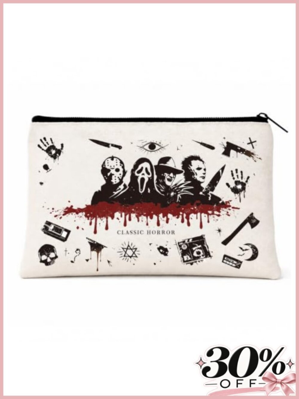 Horror Movie Makeup Bag Halloween Cosmetic Pouch with Zipper Cotton Travel